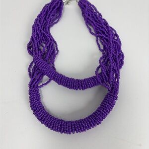 Purple Multi-Strand Glass Beaded Statement Necklace | Adjustable Chain